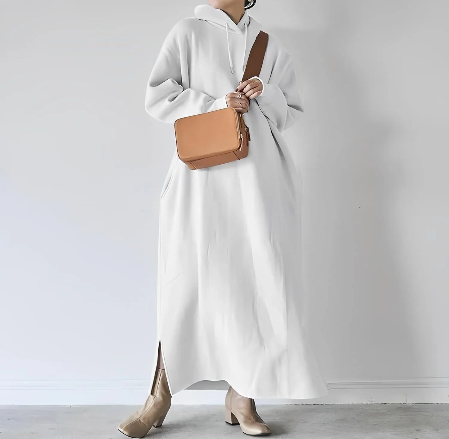 Women's Oversized Long Sleeve Fleece Pullover Hoodie Casual Split Hem Warm Hooded Sweatshirt Maxi Dress with 2 Pockets