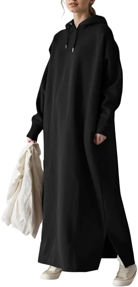 Women's Oversized Long Sleeve Fleece Pullover Hoodie Casual Split Hem Warm Hooded Sweatshirt Maxi Dress with 2 Pockets
