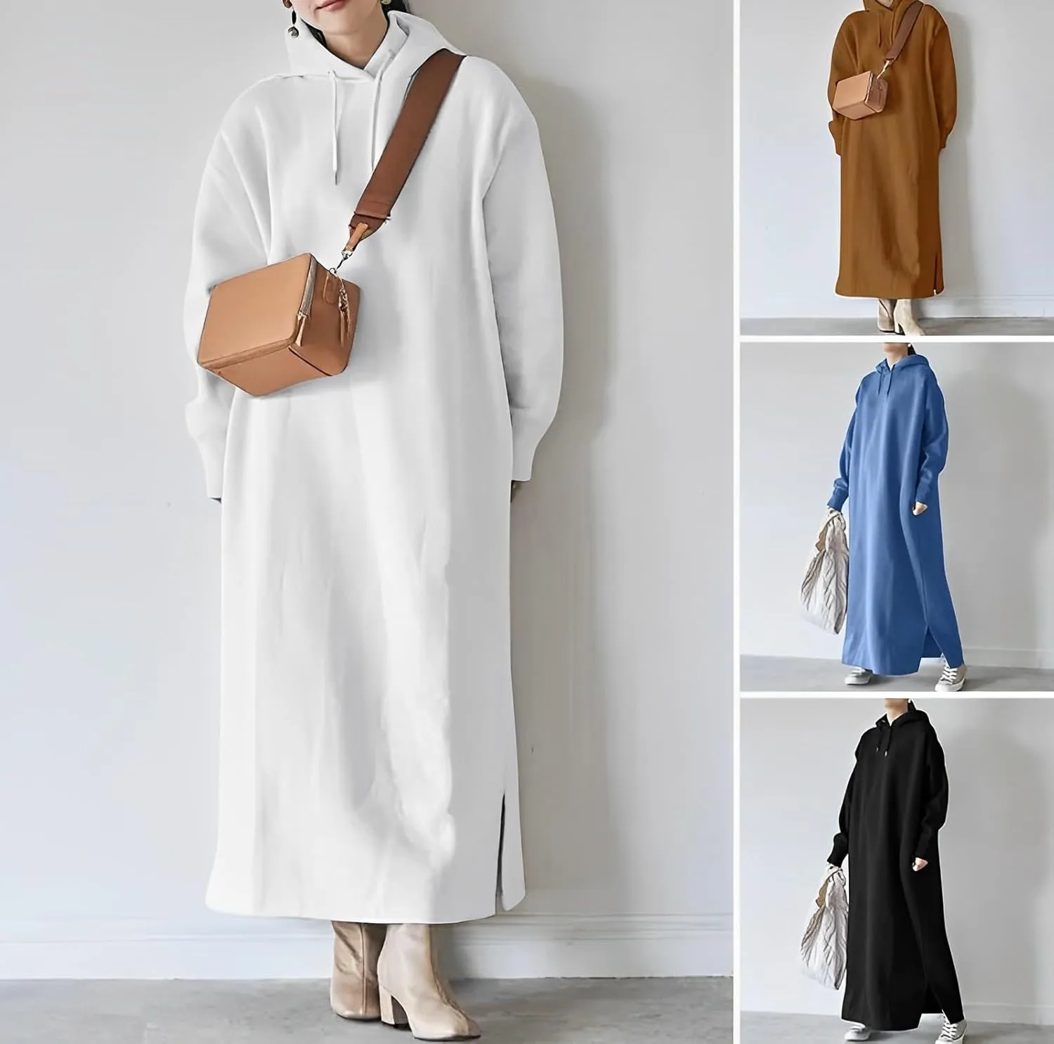 Women's Oversized Long Sleeve Fleece Pullover Hoodie Casual Split Hem Warm Hooded Sweatshirt Maxi Dress with 2 Pockets