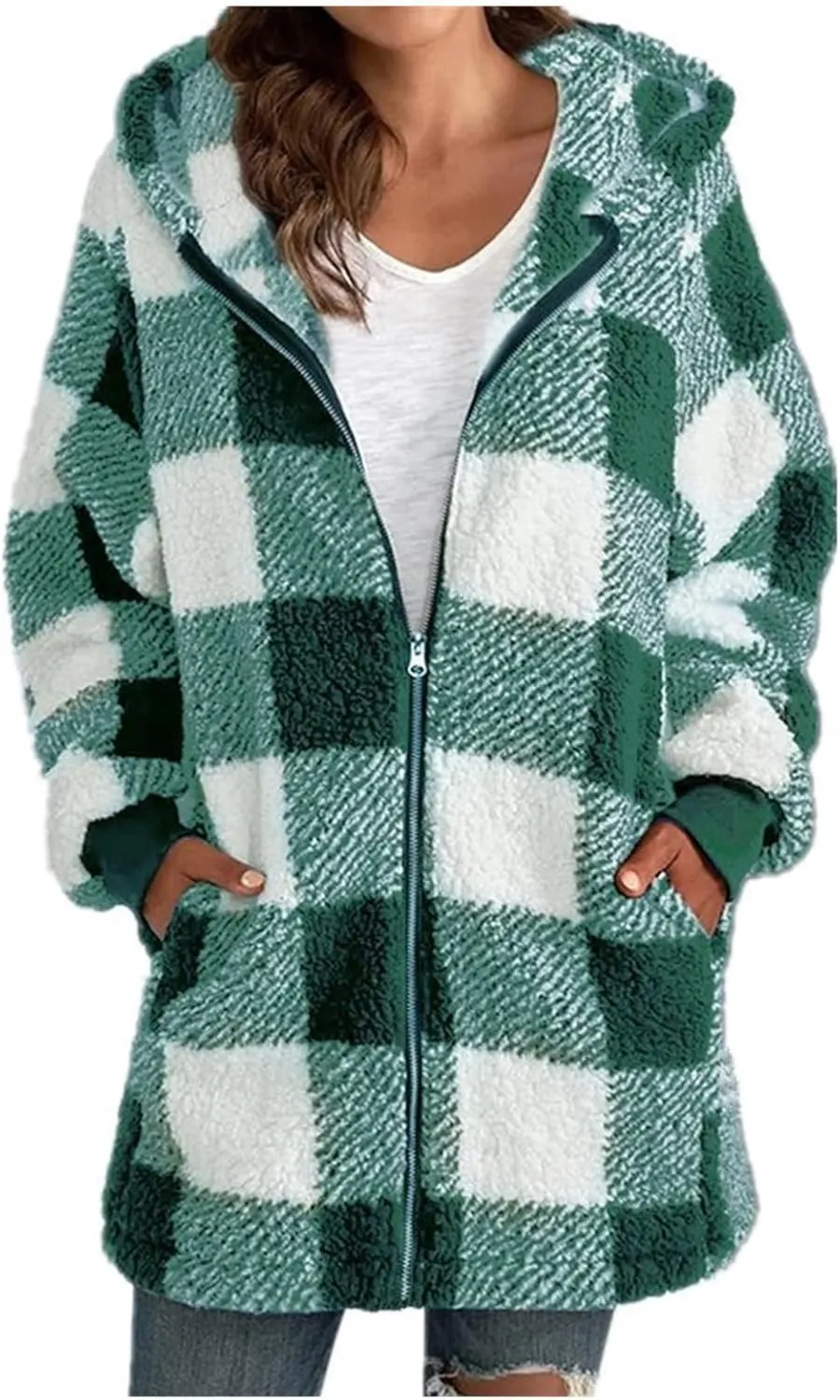 Women's Oversized Plaid Fleece Lined Hoodies Jacket Zip up Flannel Fuzzy Coats Casual Loose Outwear with Pockets