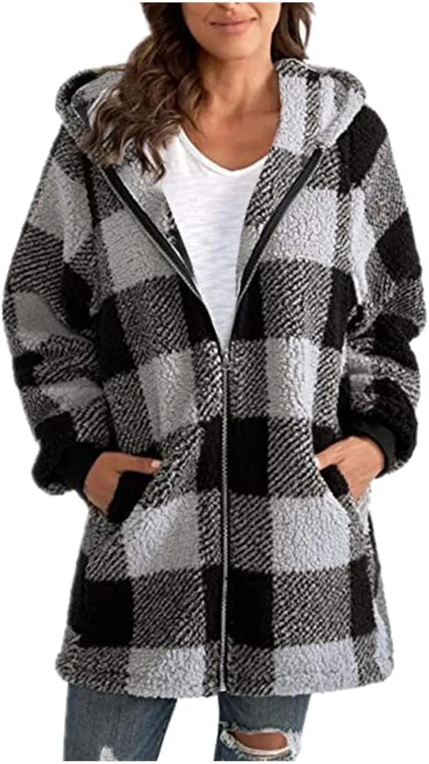 Women's Oversized Plaid Fleece Lined Hoodies Jacket Zip up Flannel Fuzzy Coats Casual Loose Outwear with Pockets