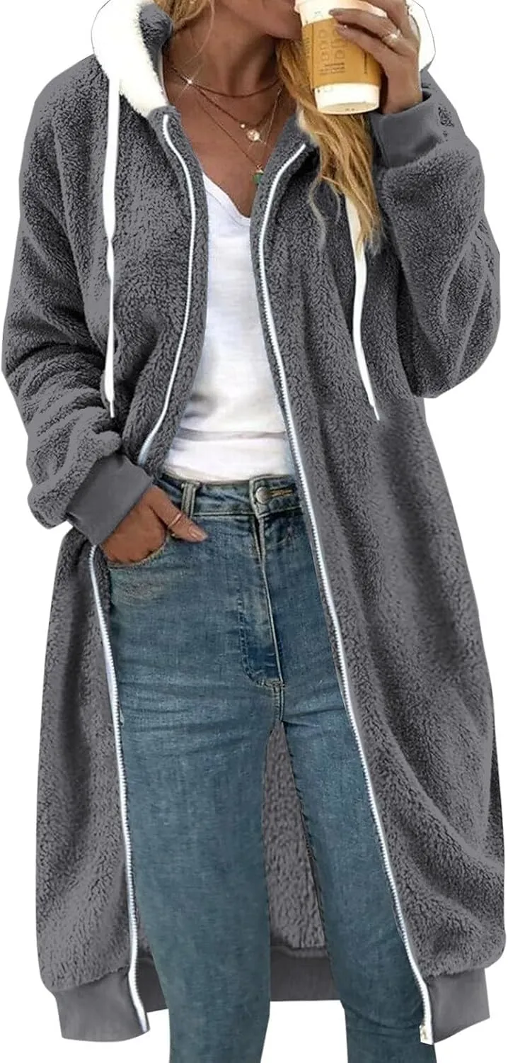 Womens Oversized Plush Sweatshirt Fleece Jacket Fuzzy Sweater Sherpa Hoodies Shaggy Warm Winter Outerwear