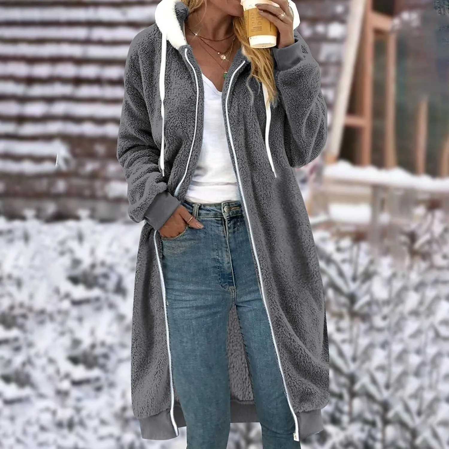 Womens Oversized Plush Sweatshirt Fleece Jacket Fuzzy Sweater Sherpa Hoodies Shaggy Warm Winter Outerwear