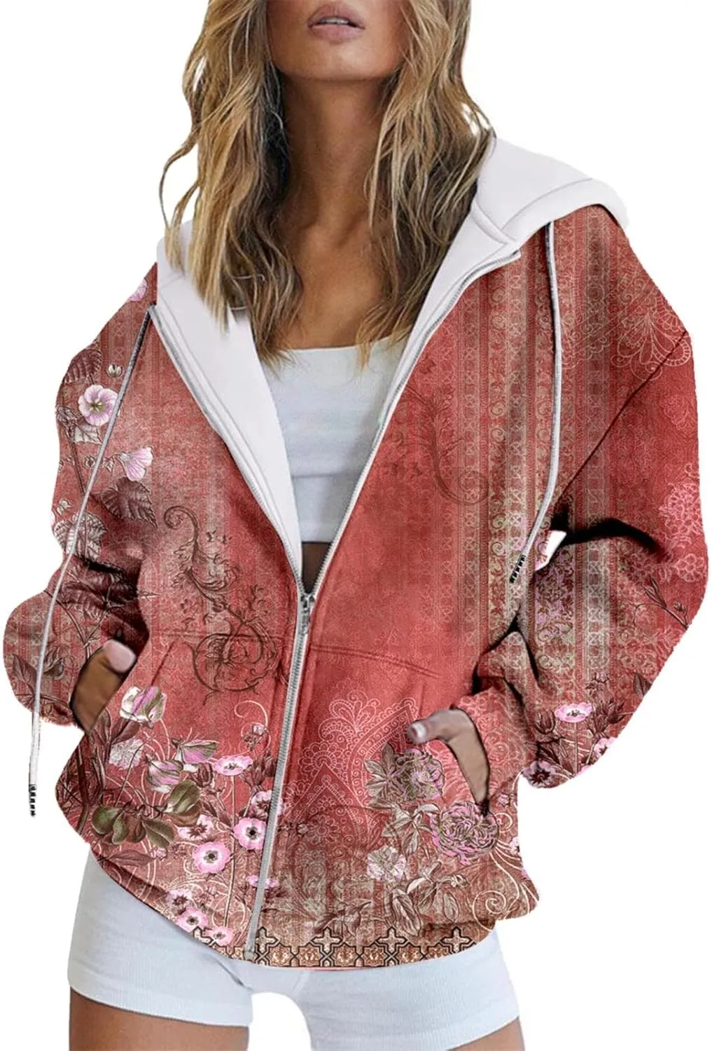 Women's Oversized Zip Up Hoodies Sweatshirts Floral Clothes Teen Girl Fall Drawstring Jackets with Pockets