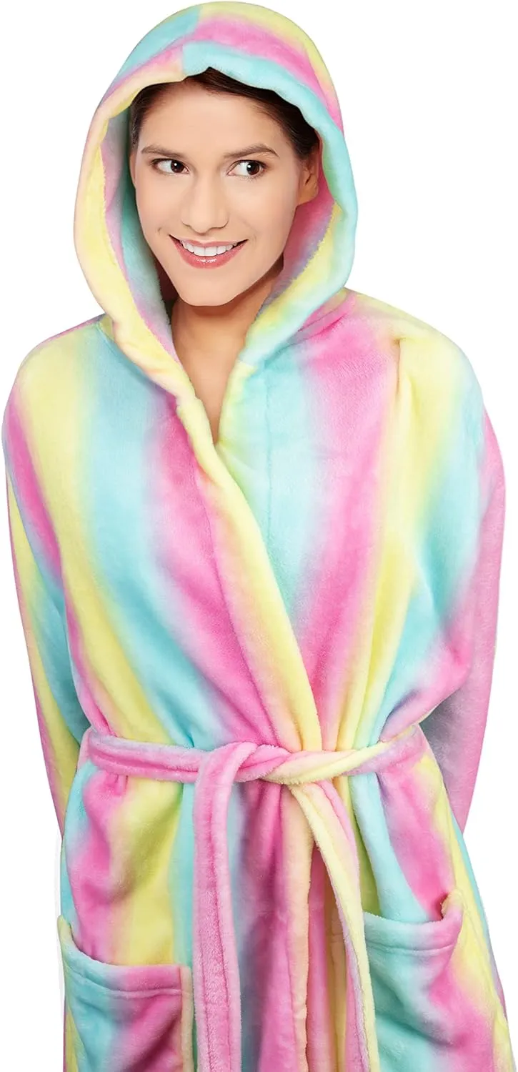 Womens Robe Luxurious Hooded Flannel Fleece Short Bath Robe with Side Pockets