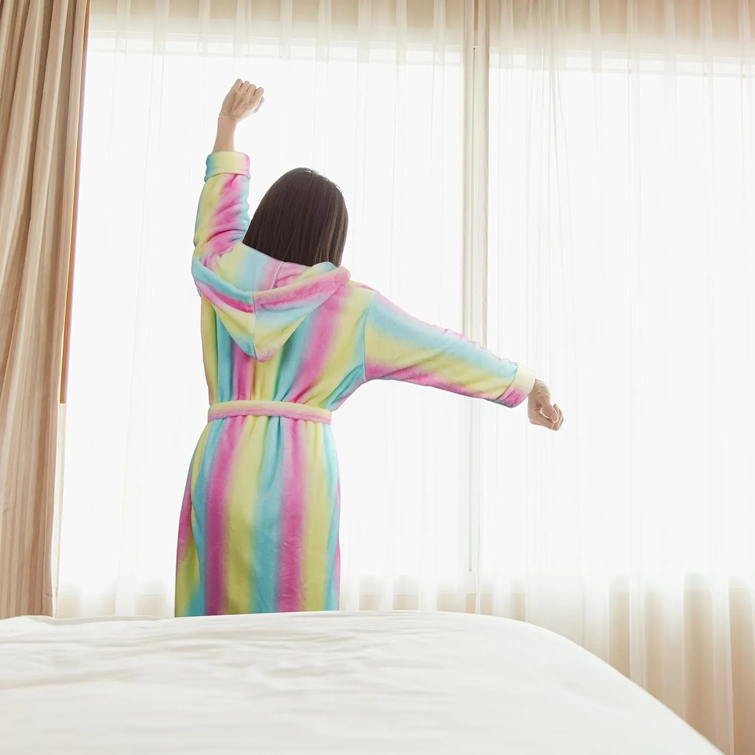 Womens Robe Luxurious Hooded Flannel Fleece Short Bath Robe with Side Pockets