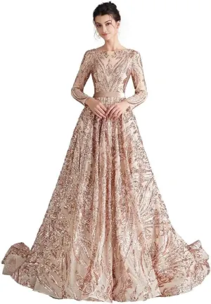 Womens Sequin Long Sleeves Formal Evening Dress Luxurious Chapel Train Prom Party Gowns