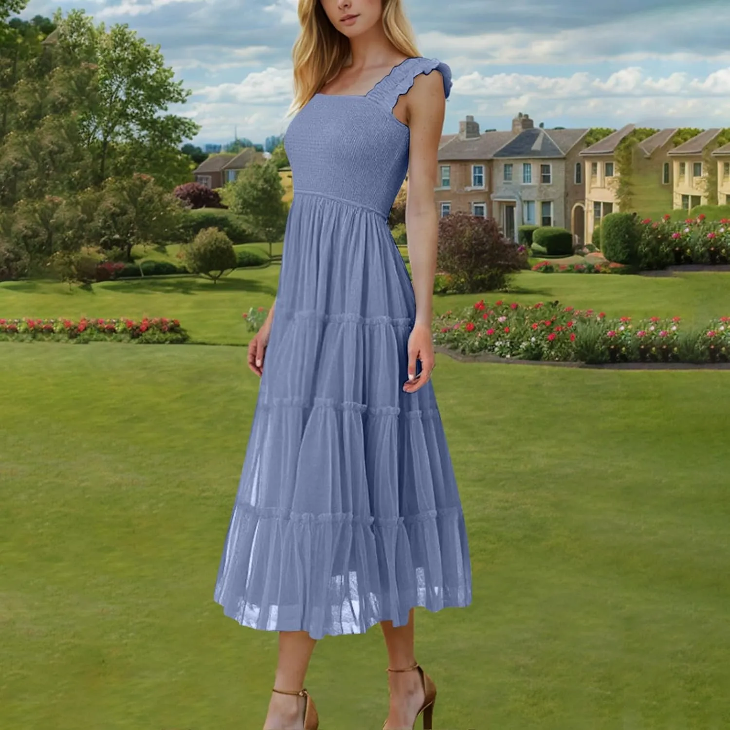 Women's Summer Midi Tulle Dress Elegant Sleeveless Smocked Square Neck Ruffle Flowy Party Wedding Guest Sundress