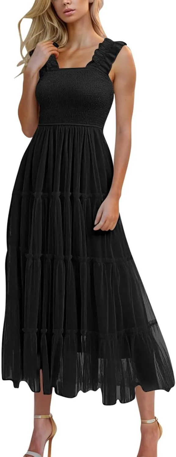Women's Summer Midi Tulle Dress Elegant Sleeveless Smocked Square Neck Ruffle Flowy Party Wedding Guest Sundress