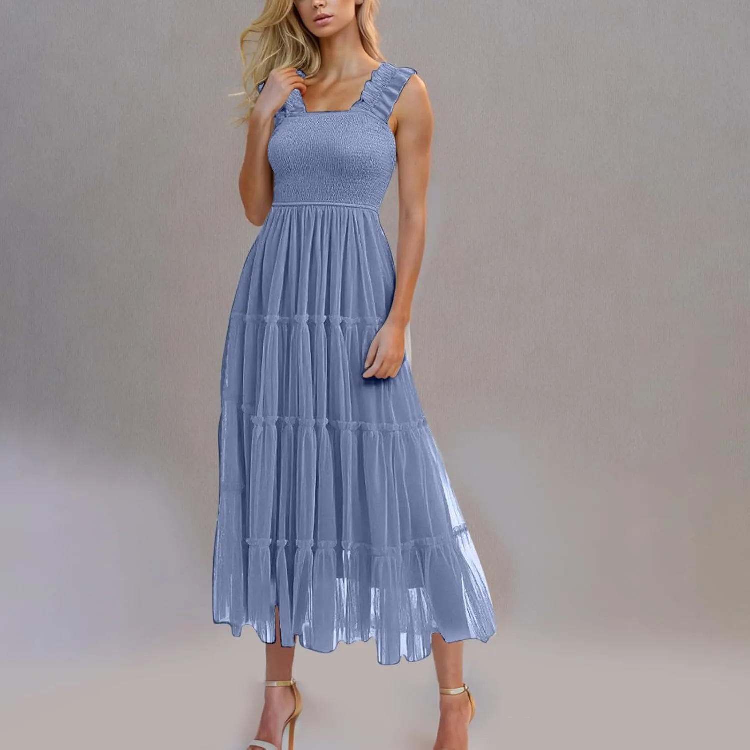 Women's Summer Midi Tulle Dress Elegant Sleeveless Smocked Square Neck Ruffle Flowy Party Wedding Guest Sundress