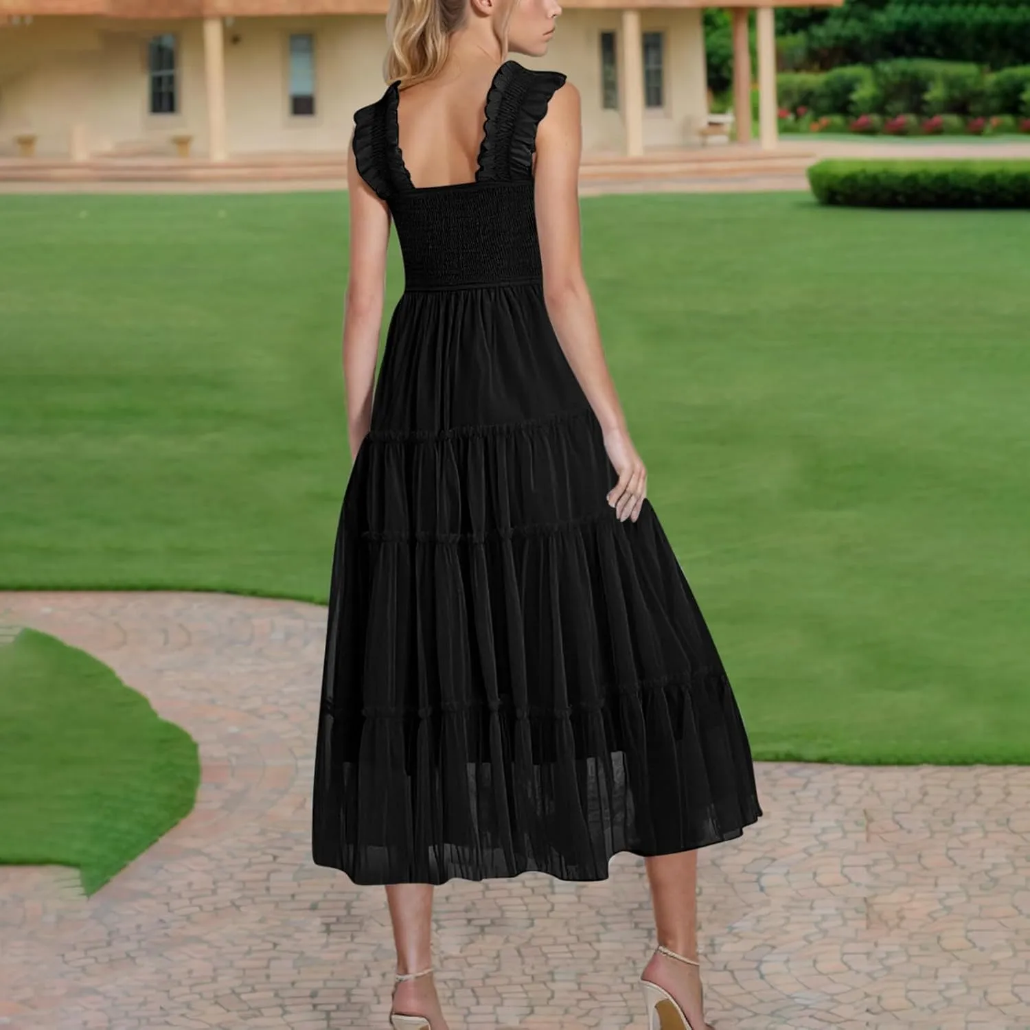 Women's Summer Midi Tulle Dress Elegant Sleeveless Smocked Square Neck Ruffle Flowy Party Wedding Guest Sundress