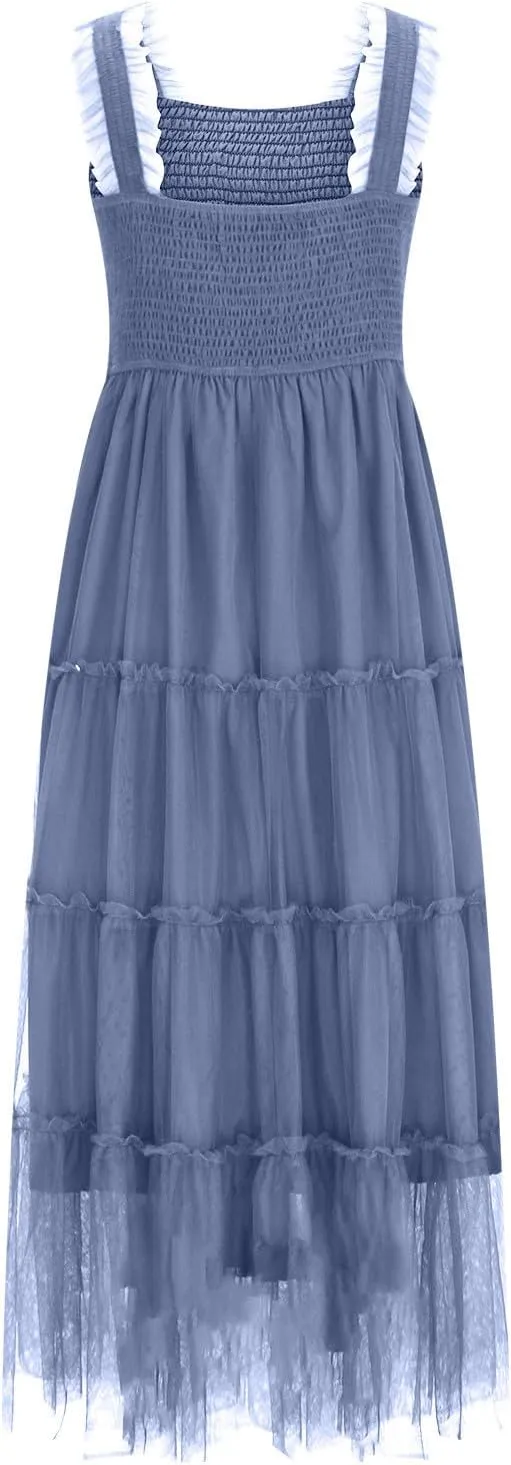 Women's Summer Midi Tulle Dress Elegant Sleeveless Smocked Square Neck Ruffle Flowy Party Wedding Guest Sundress