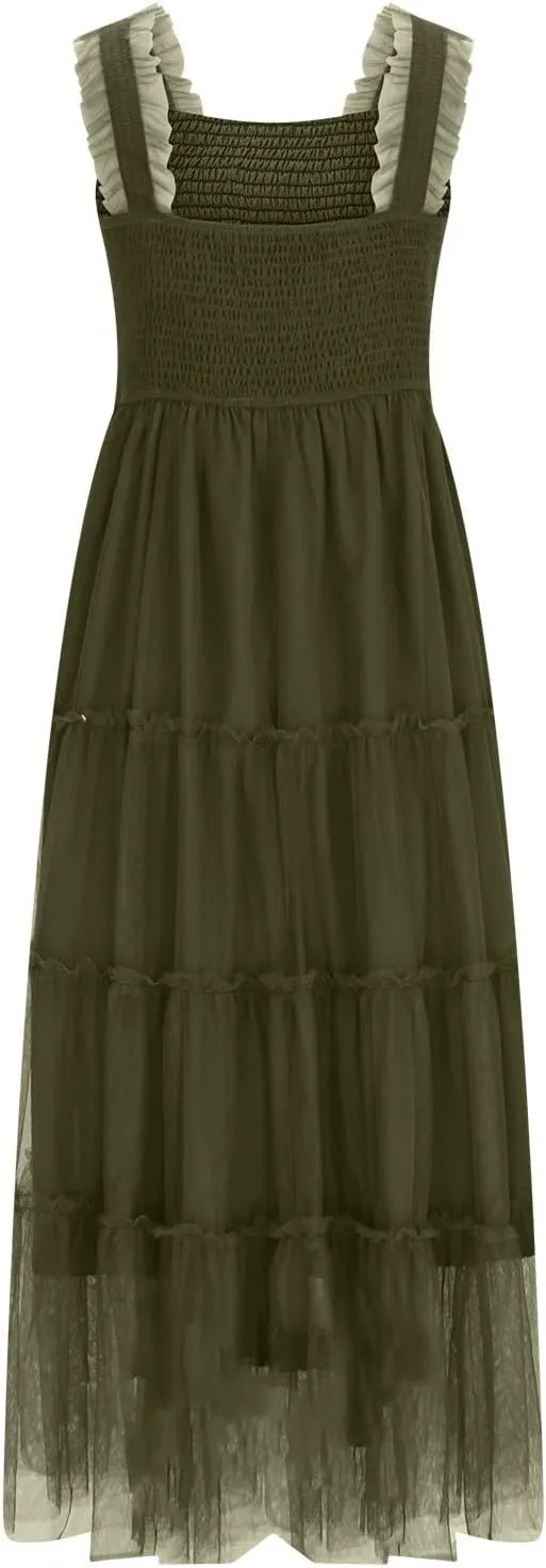 Women's Summer Midi Tulle Dress Elegant Sleeveless Smocked Square Neck Ruffle Flowy Party Wedding Guest Sundress