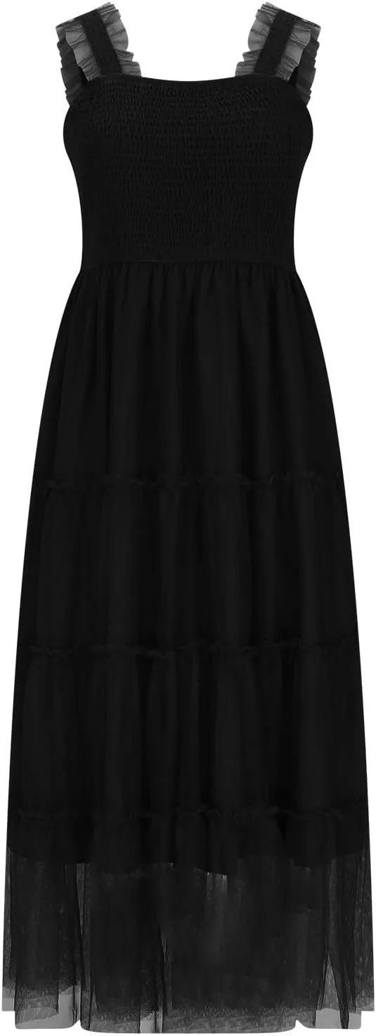 Women's Summer Midi Tulle Dress Elegant Sleeveless Smocked Square Neck Ruffle Flowy Party Wedding Guest Sundress