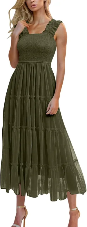 Women's Summer Midi Tulle Dress Elegant Sleeveless Smocked Square Neck Ruffle Flowy Party Wedding Guest Sundress