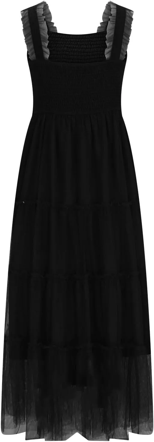 Women's Summer Midi Tulle Dress Elegant Sleeveless Smocked Square Neck Ruffle Flowy Party Wedding Guest Sundress