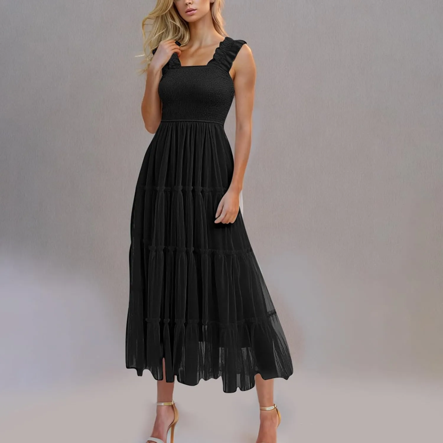 Women's Summer Midi Tulle Dress Elegant Sleeveless Smocked Square Neck Ruffle Flowy Party Wedding Guest Sundress