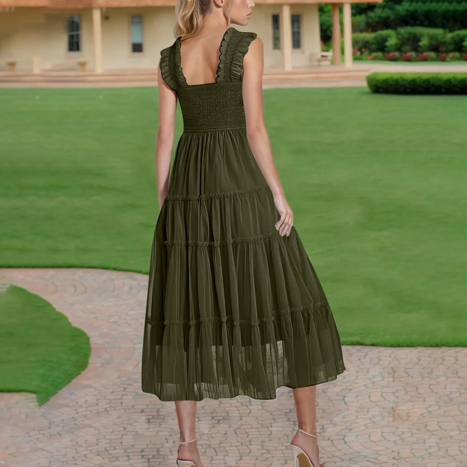 Women's Summer Midi Tulle Dress Elegant Sleeveless Smocked Square Neck Ruffle Flowy Party Wedding Guest Sundress
