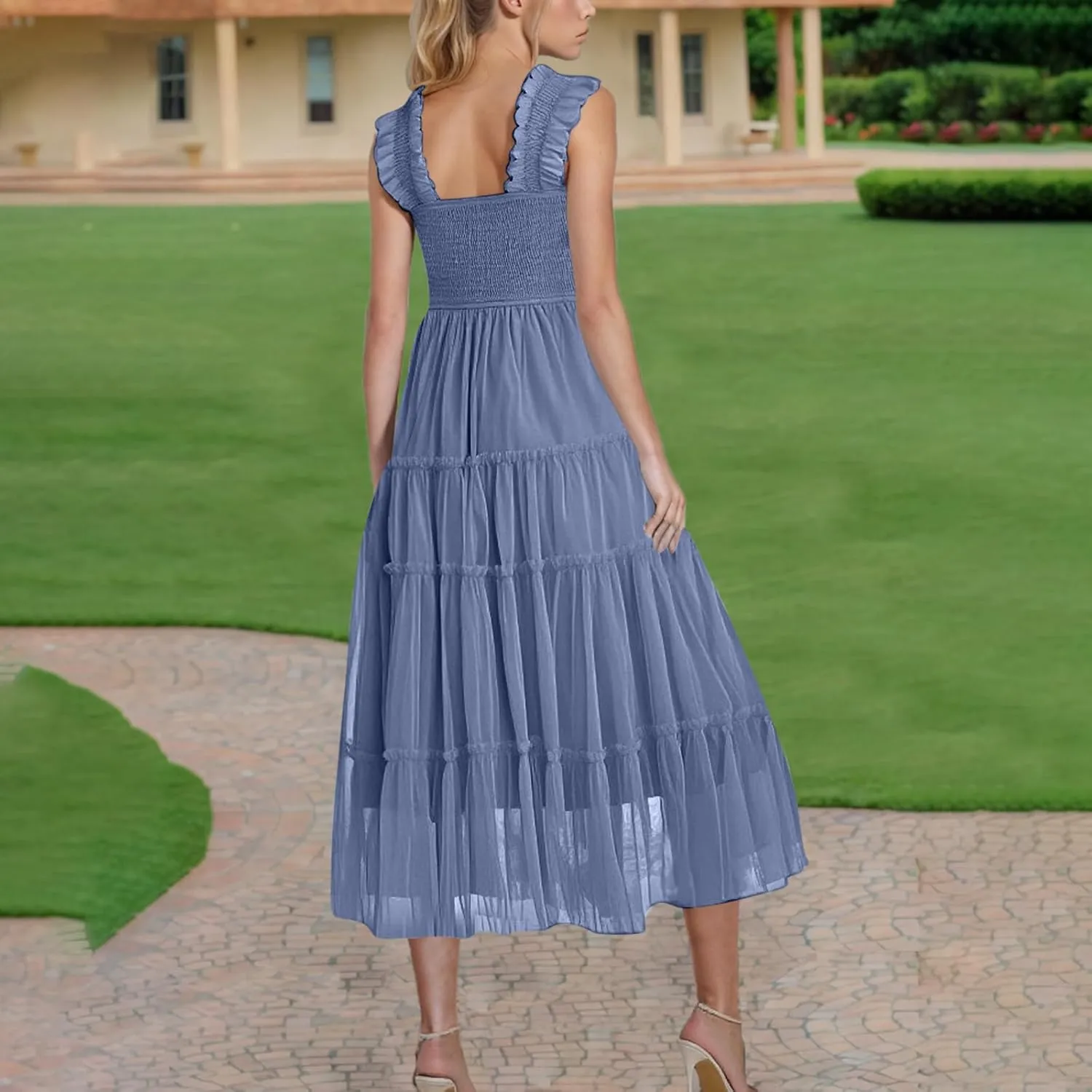 Women's Summer Midi Tulle Dress Elegant Sleeveless Smocked Square Neck Ruffle Flowy Party Wedding Guest Sundress