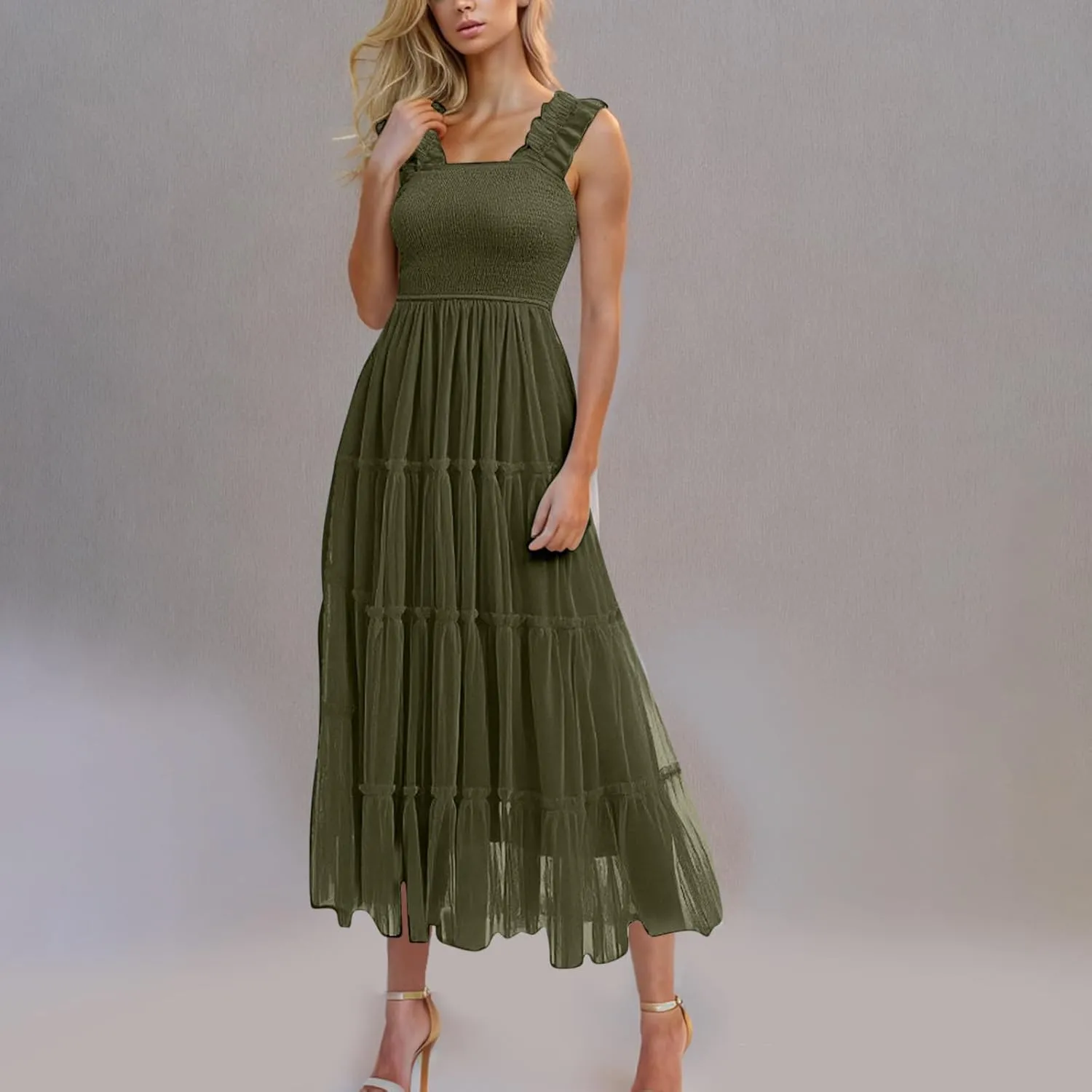 Women's Summer Midi Tulle Dress Elegant Sleeveless Smocked Square Neck Ruffle Flowy Party Wedding Guest Sundress