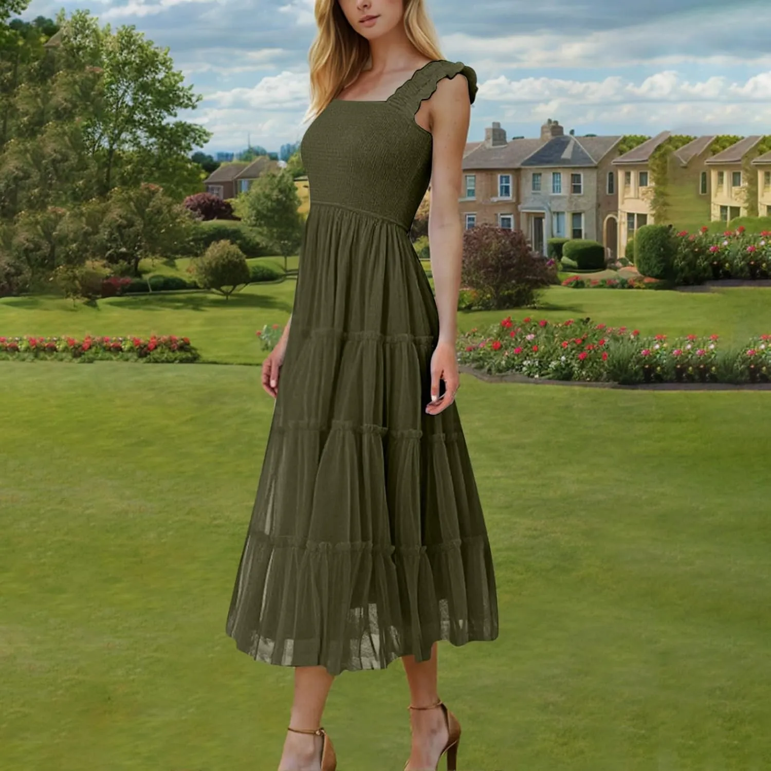 Women's Summer Midi Tulle Dress Elegant Sleeveless Smocked Square Neck Ruffle Flowy Party Wedding Guest Sundress