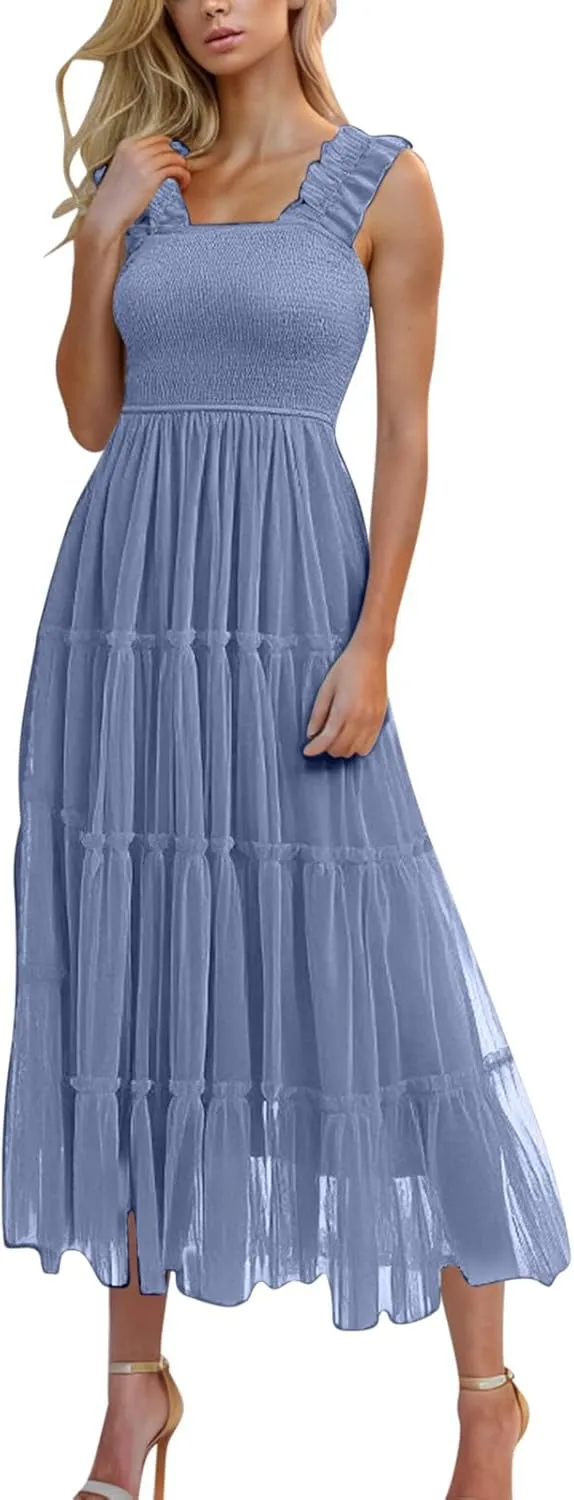 Women's Summer Midi Tulle Dress Elegant Sleeveless Smocked Square Neck Ruffle Flowy Party Wedding Guest Sundress