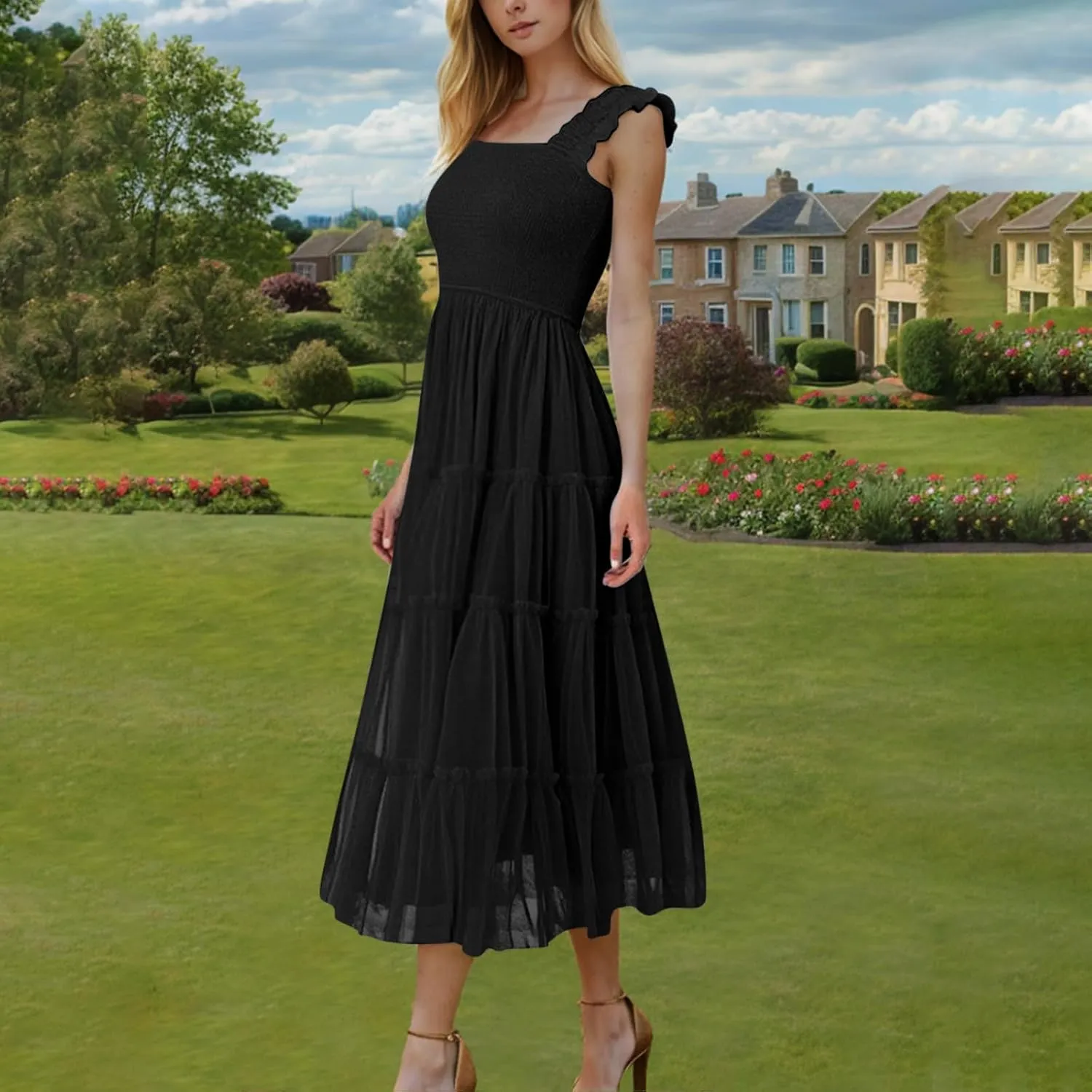Women's Summer Midi Tulle Dress Elegant Sleeveless Smocked Square Neck Ruffle Flowy Party Wedding Guest Sundress