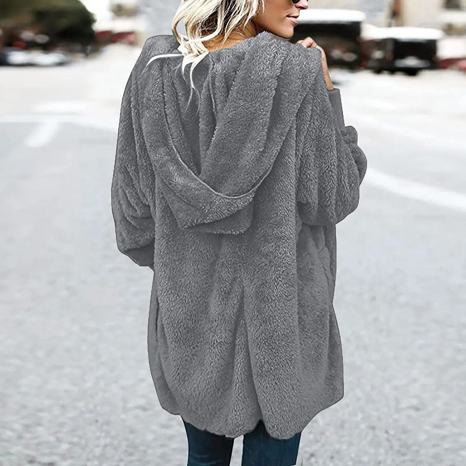Womens Tops Long Sweater Coat Plush Outerwear Oversized Hoodies Shirts Open Front Hooded Cardigan Draped Pockets