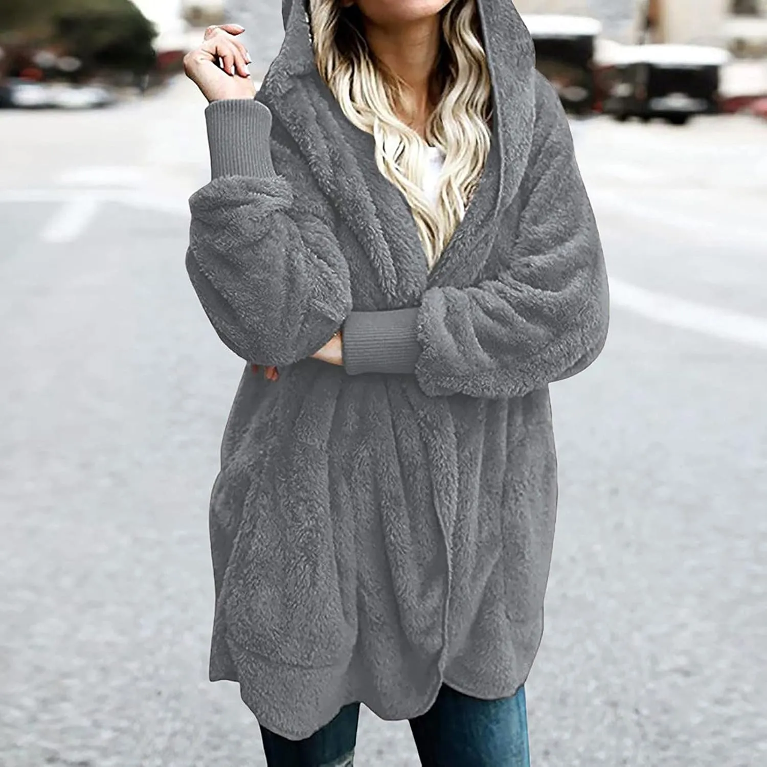 Womens Tops Long Sweater Coat Plush Outerwear Oversized Hoodies Shirts Open Front Hooded Cardigan Draped Pockets