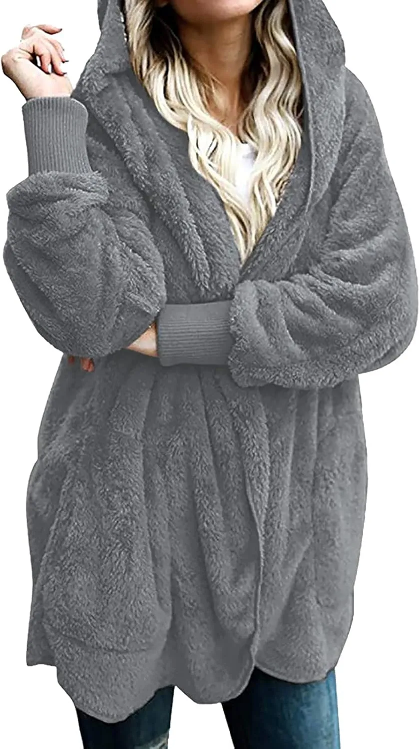 Womens Tops Long Sweater Coat Plush Outerwear Oversized Hoodies Shirts Open Front Hooded Cardigan Draped Pockets