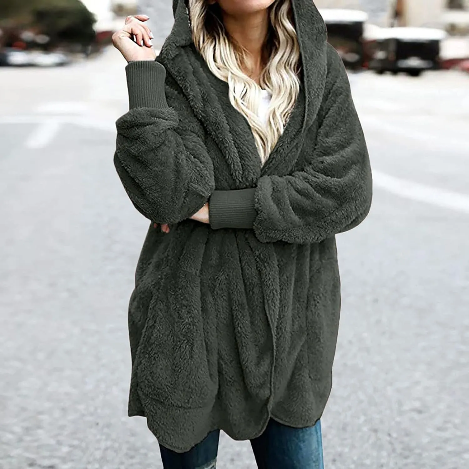 Womens Tops Long Sweater Coat Plush Outerwear Oversized Hoodies Shirts Open Front Hooded Cardigan Draped Pockets