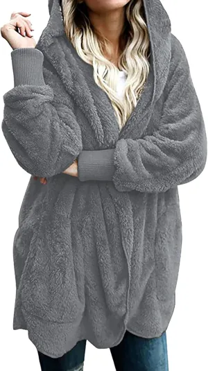 Womens Tops Long Sweater Coat Plush Outerwear Oversized Hoodies Shirts Open Front Hooded Cardigan Draped Pockets