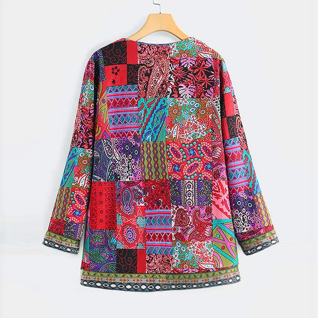 Women's Trench Short Jacket Coat Floral Print Jacket Chinese Style Patchwork Outwear