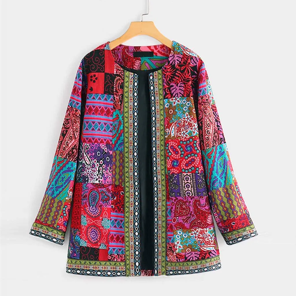 Women's Trench Short Jacket Coat Floral Print Jacket Chinese Style Patchwork Outwear