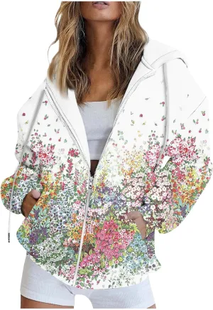 Women's Trendy Floral Printing Jacket Zip Up Long Sleeve Hoodies Streetwear Fashion Coat With Pockets