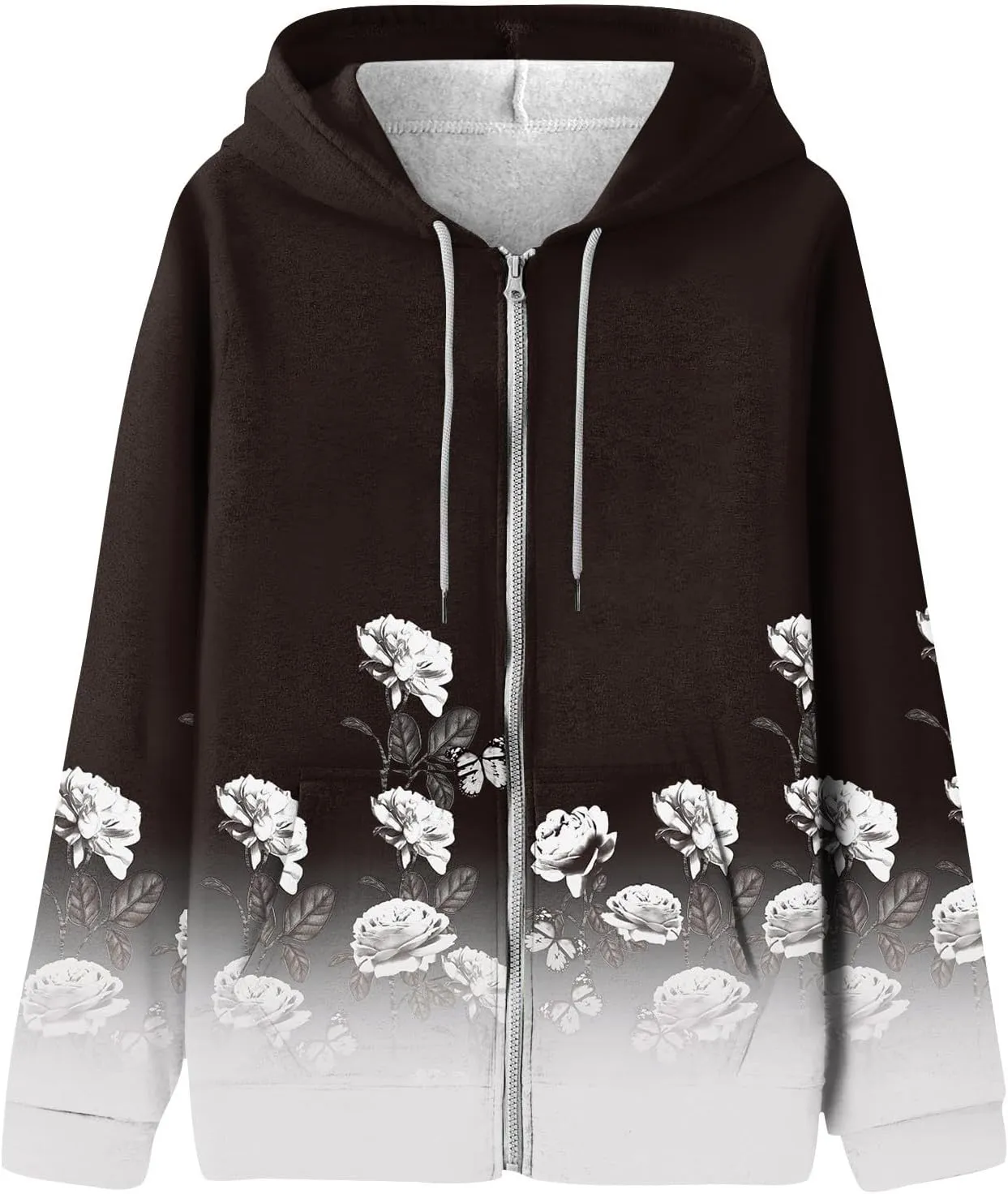 Women's Trendy Floral Printing Jacket Zip Up Long Sleeve Hoodies Streetwear Fashion Coat With Pockets