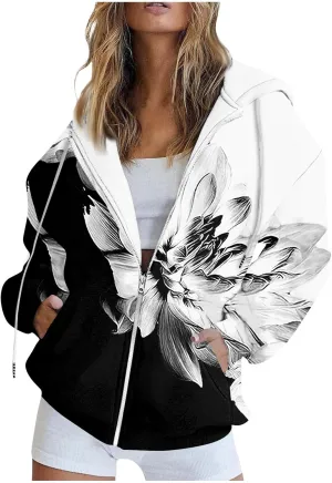 Women's Trendy Floral Printing Jacket Zip Up Long Sleeve Hoodies Streetwear Fashion Coat With Pockets