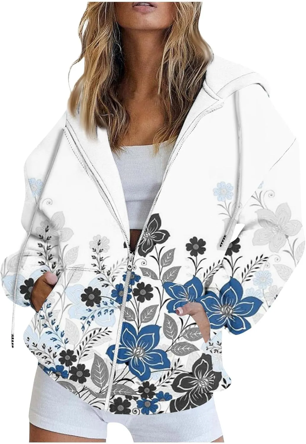 Women's Trendy Floral Printing Jacket Zip Up Long Sleeve Hoodies Streetwear Fashion Coat With Pockets