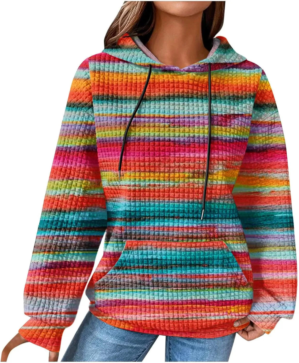Womens Waffle Knit Trendy Sweatshirt Casual Comfort Hoodie Sweatshirts Drawstring Pullover Tops Preppy Clothes 2024