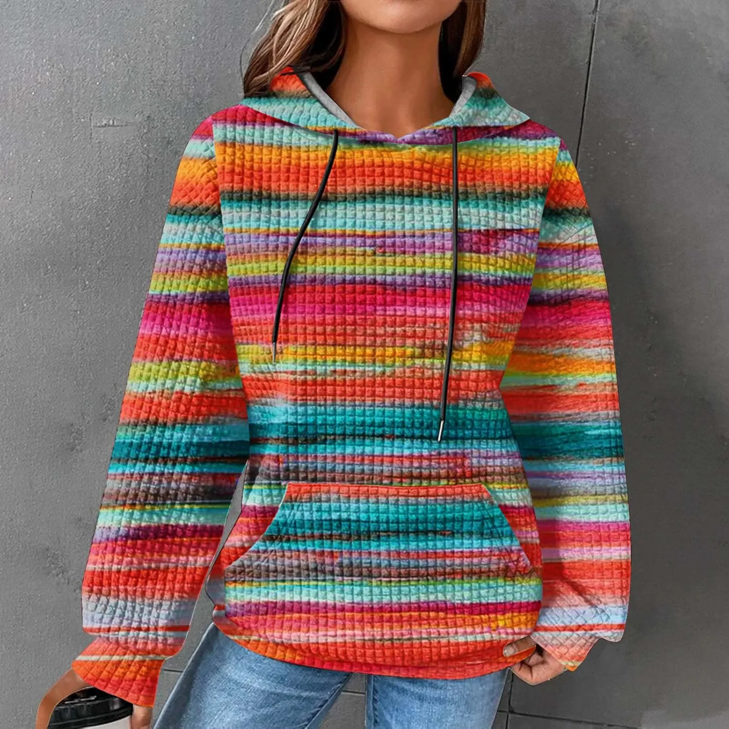 Womens Waffle Knit Trendy Sweatshirt Casual Comfort Hoodie Sweatshirts Drawstring Pullover Tops Preppy Clothes 2024
