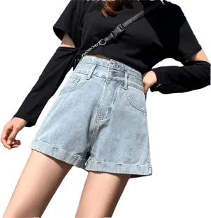 Women's Waisted Double Button Shorts Pants Classic Loose A-Line Wide Leg Denim Short Pants Denim Jeans High