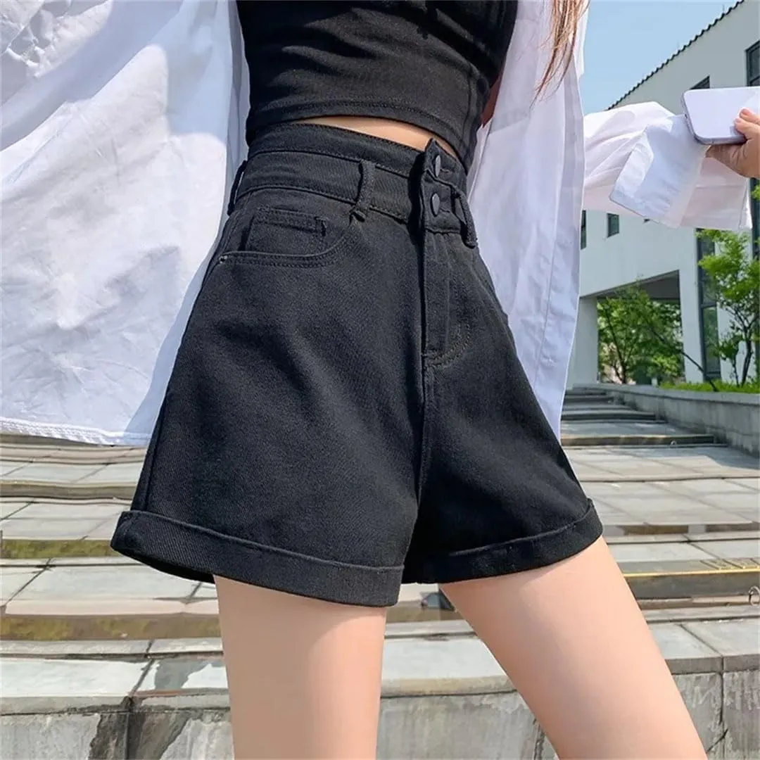 Women's Waisted Double Button Shorts Pants Classic Loose A-Line Wide Leg Denim Short Pants Denim Jeans High
