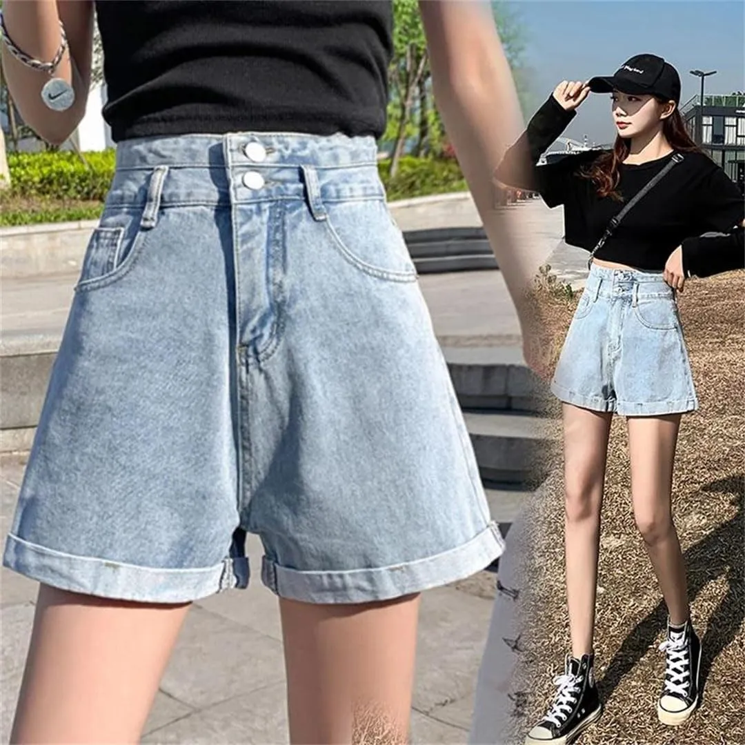 Women's Waisted Double Button Shorts Pants Classic Loose A-Line Wide Leg Denim Short Pants Denim Jeans High
