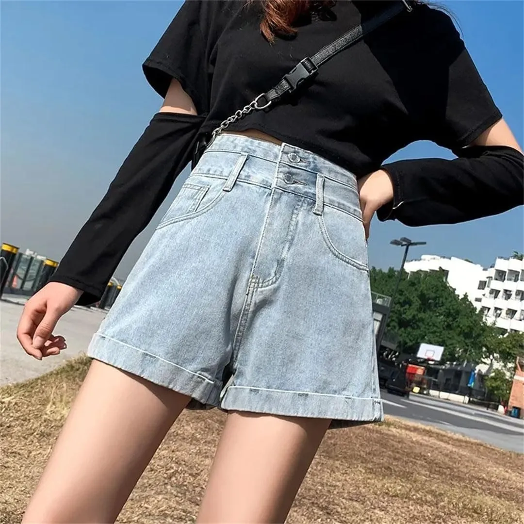 Women's Waisted Double Button Shorts Pants Classic Loose A-Line Wide Leg Denim Short Pants Denim Jeans High