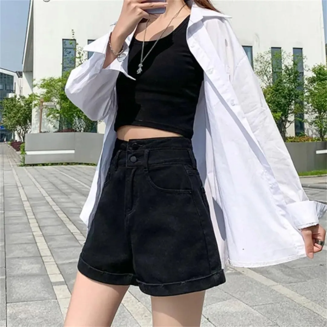 Women's Waisted Double Button Shorts Pants Classic Loose A-Line Wide Leg Denim Short Pants Denim Jeans High