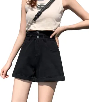 Women's Waisted Double Button Shorts Pants Classic Loose A-Line Wide Leg Denim Short Pants Denim Jeans High