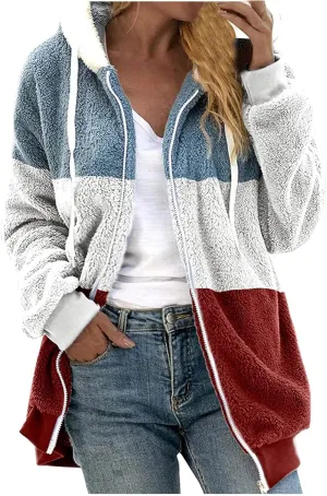 Womens Y2k Tops Zipper Long Sleeve Stitching Coats Color Block Fleece Plush Hooded Jacket Dressy Outerwear