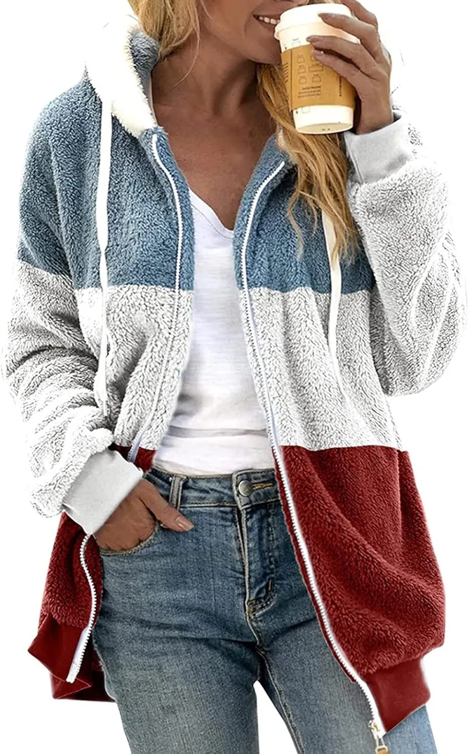 Womens Y2k Tops Zipper Long Sleeve Stitching Coats Color Block Fleece Plush Hooded Jacket Dressy Outerwear