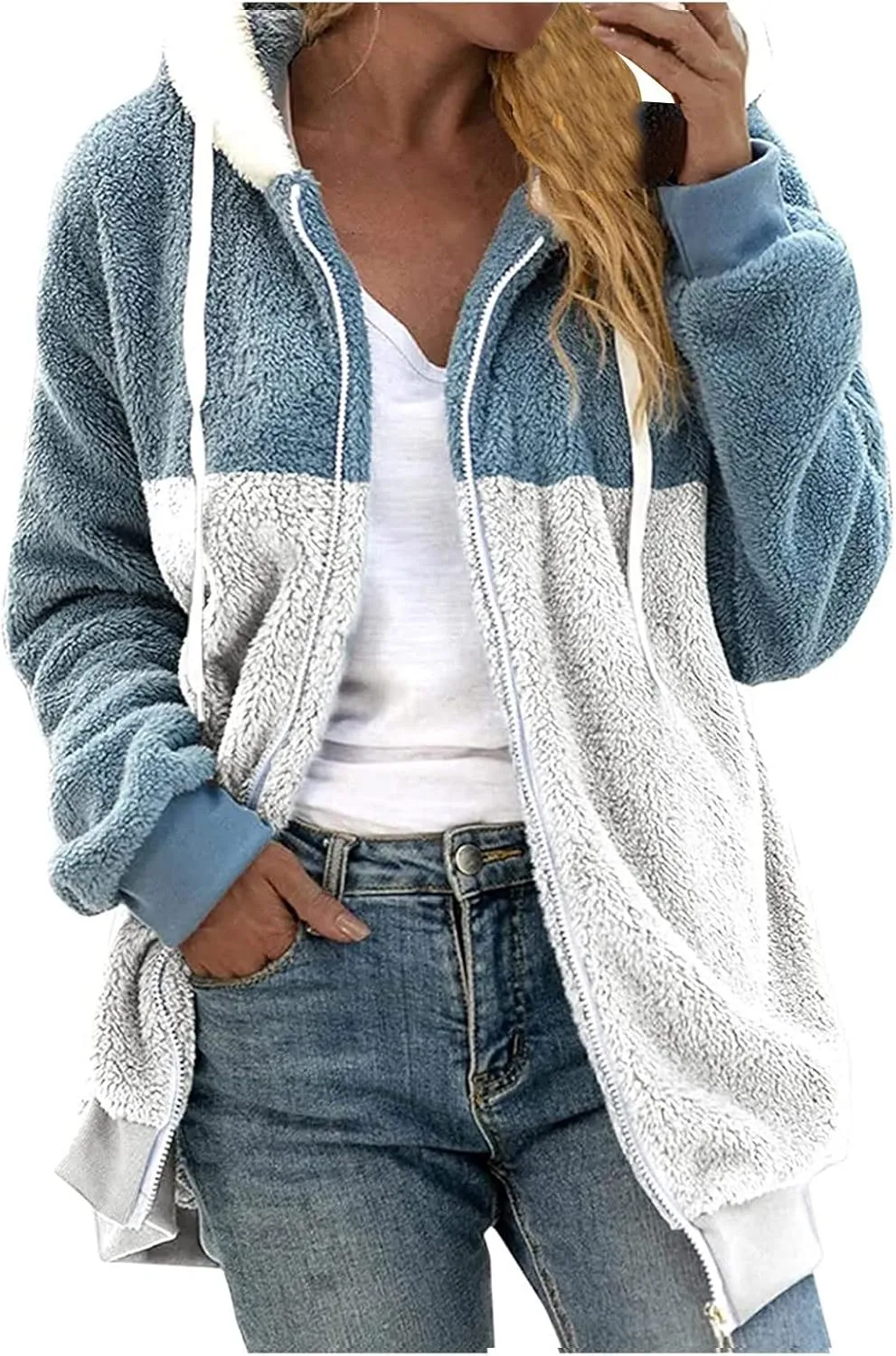 Womens Y2k Tops Zipper Long Sleeve Stitching Coats Color Block Fleece Plush Hooded Jacket Dressy Outerwear