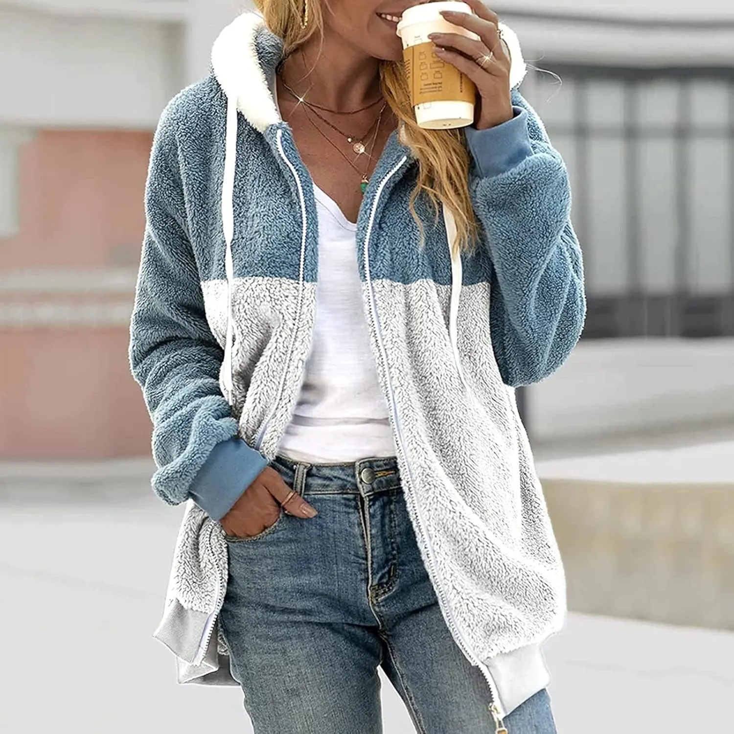 Womens Y2k Tops Zipper Long Sleeve Stitching Coats Color Block Fleece Plush Hooded Jacket Dressy Outerwear